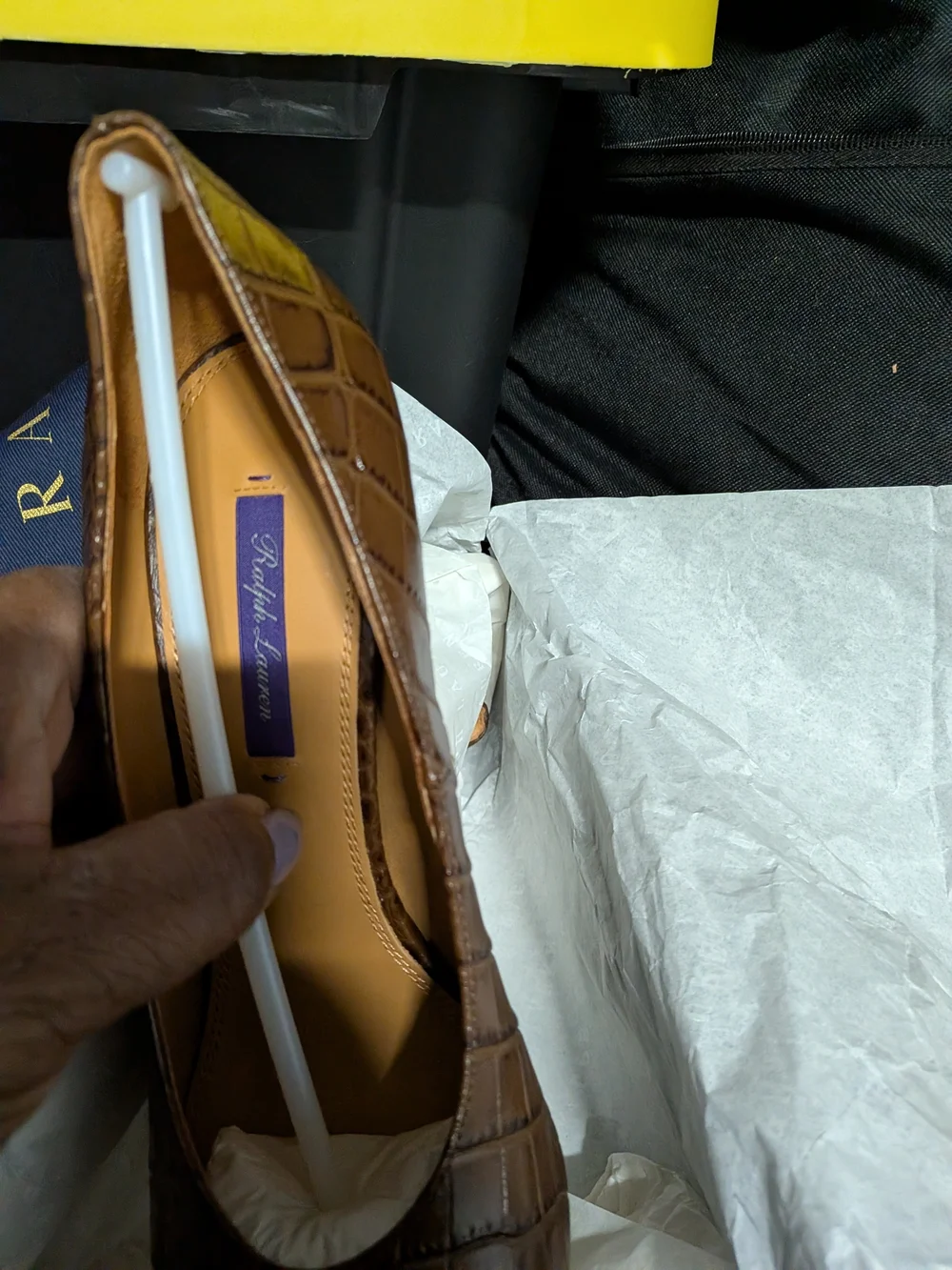 Ralph Lauren Croc-Embossed Brown Leather High Heels - Picture 2 of 4